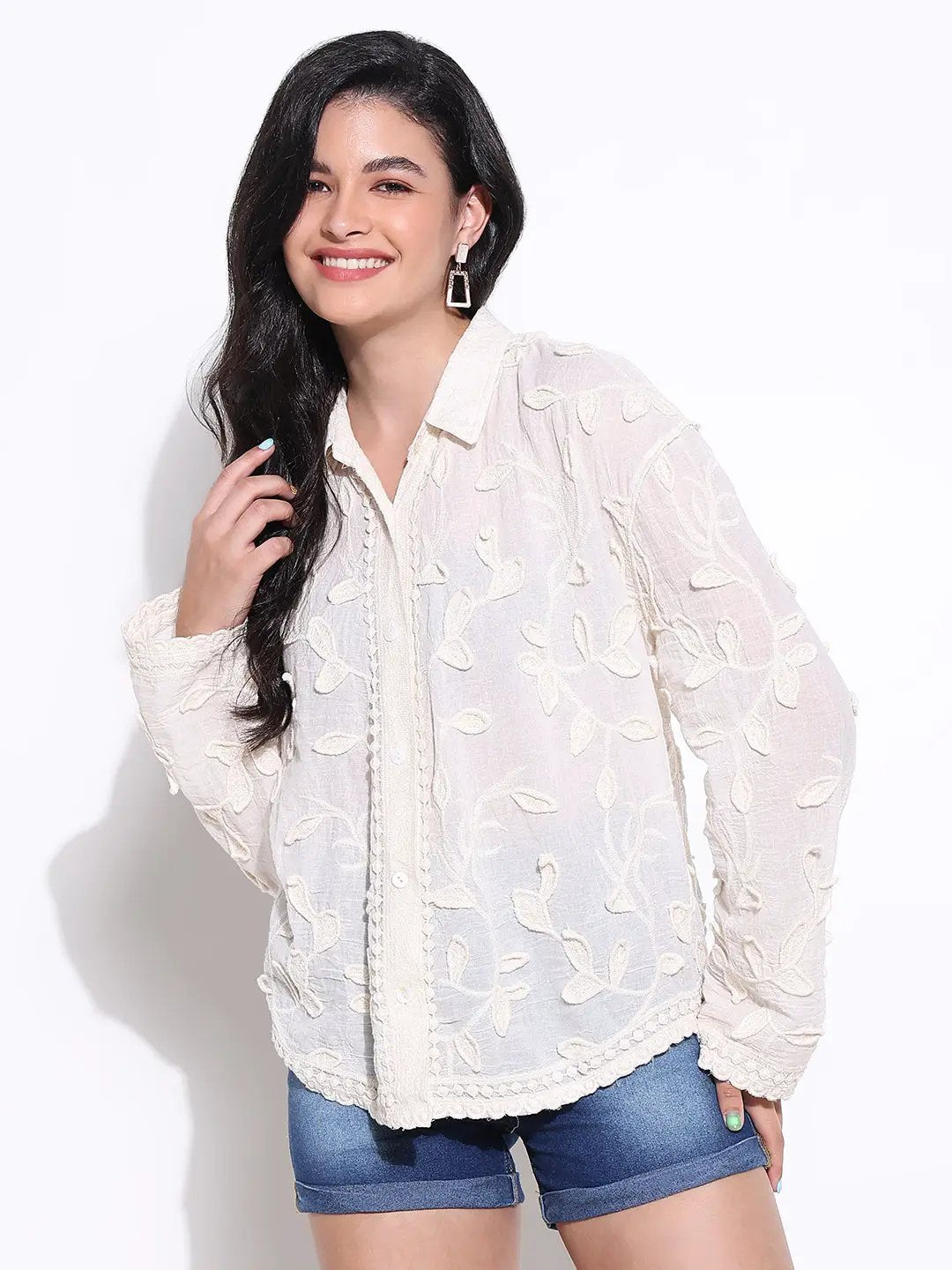 Women's Cream Comfort Semi Sheer Casual Shirt