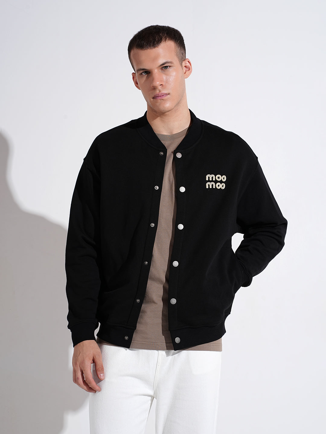 Men's Typography Black Mandarin Collar Button Up Jacket