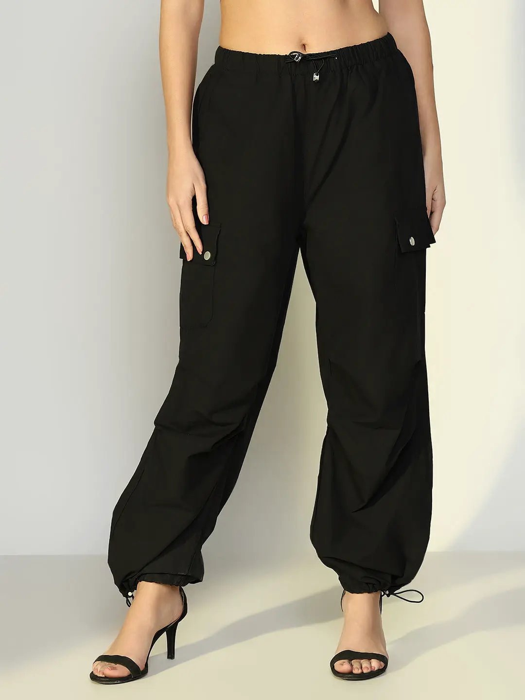 Women's Black Parachute Cargos with Side Pockets