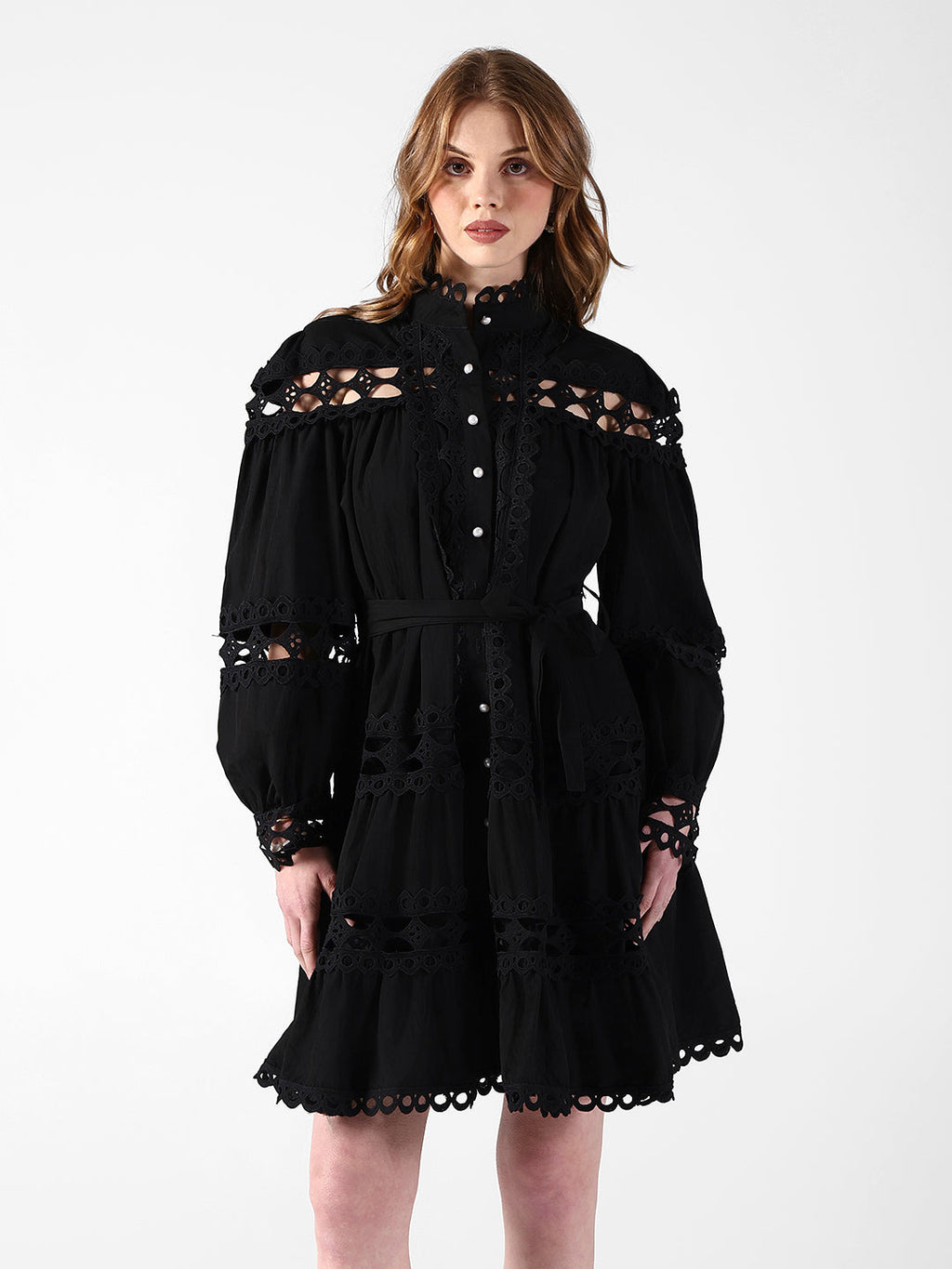 Women's Cutwork Lace Black Midi Dress with Tie-Up Waist