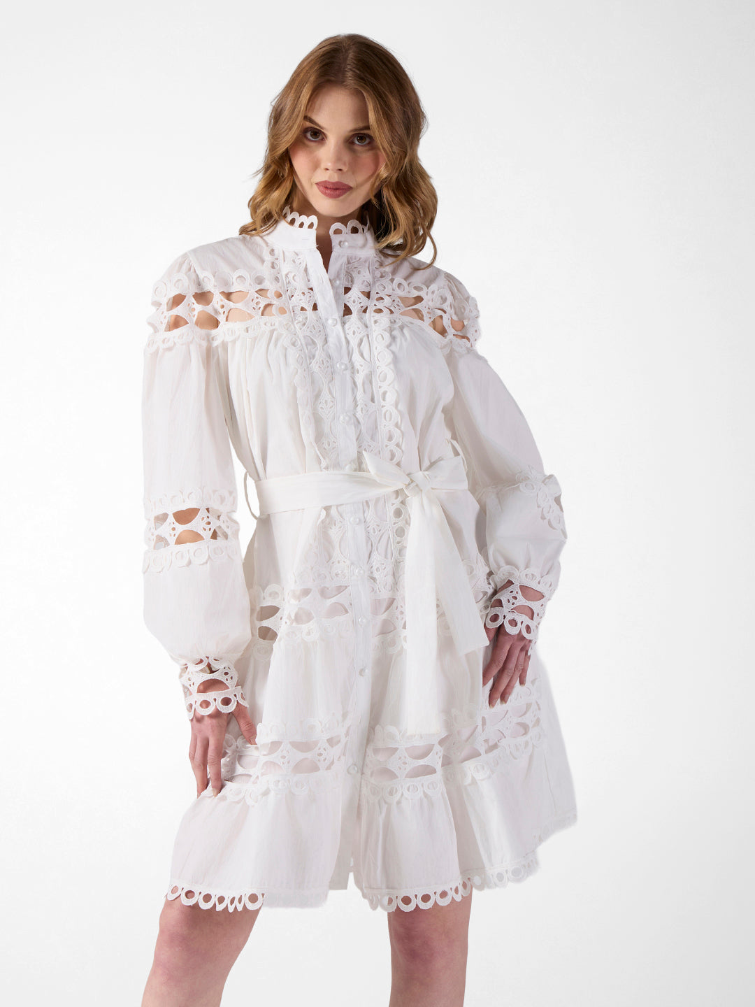 Women's Cutwork Lace White Midi Dress with Tie-Up Waist