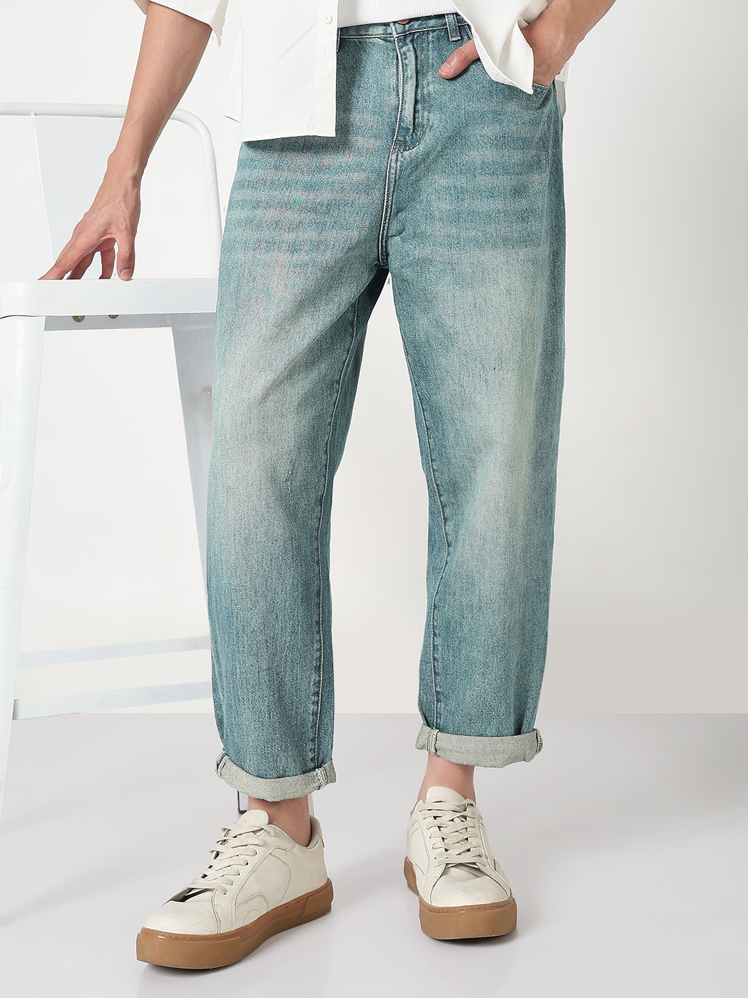 Men's Blue Washed Barrel Fit Heavy Fade Jeans