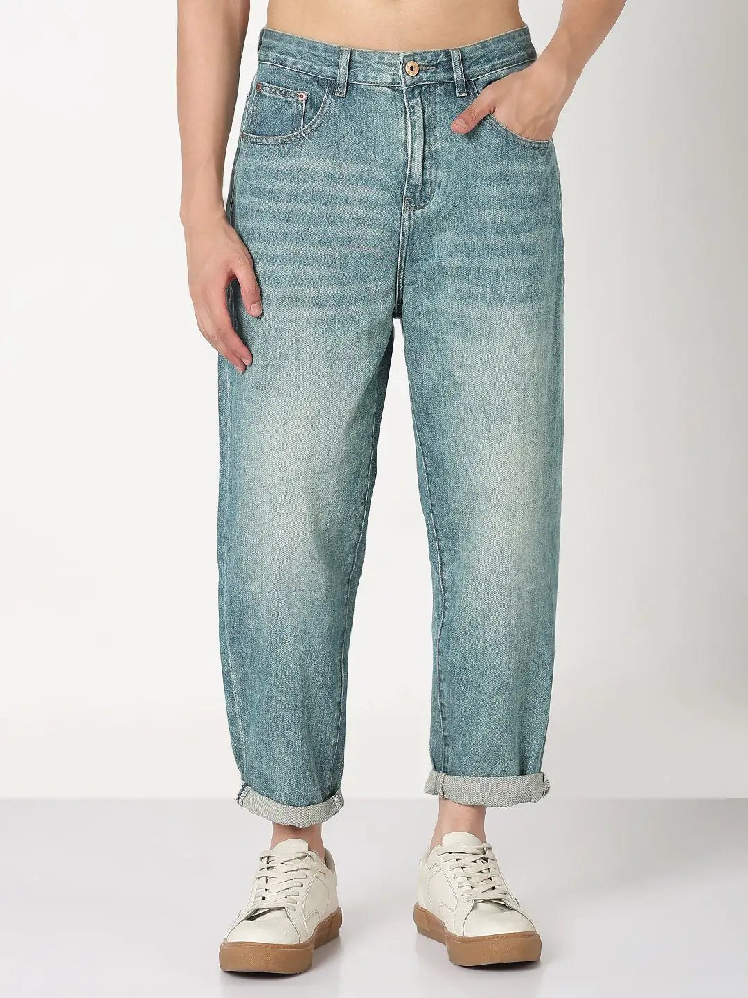 Men's Blue Washed Barrel Fit Heavy Fade Jeans