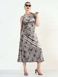 Women's Sleeveless Grey Velvet Midi Cami Dress