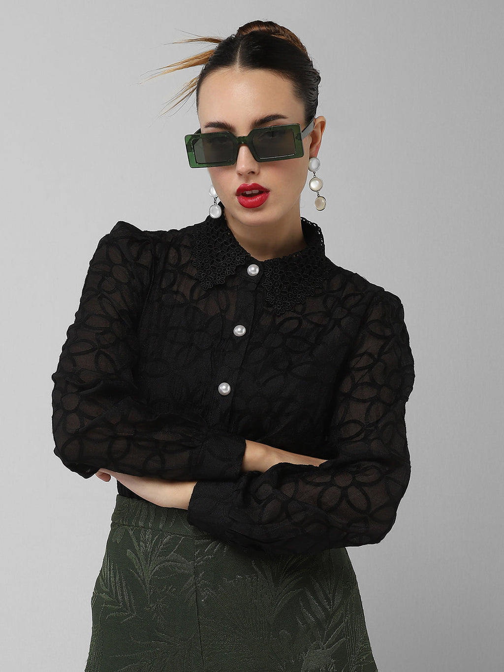 Women's Black Comfort Floral Semi Sheer Casual Shirt