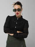 Women's Black Comfort Floral Semi Sheer Casual Shirt
