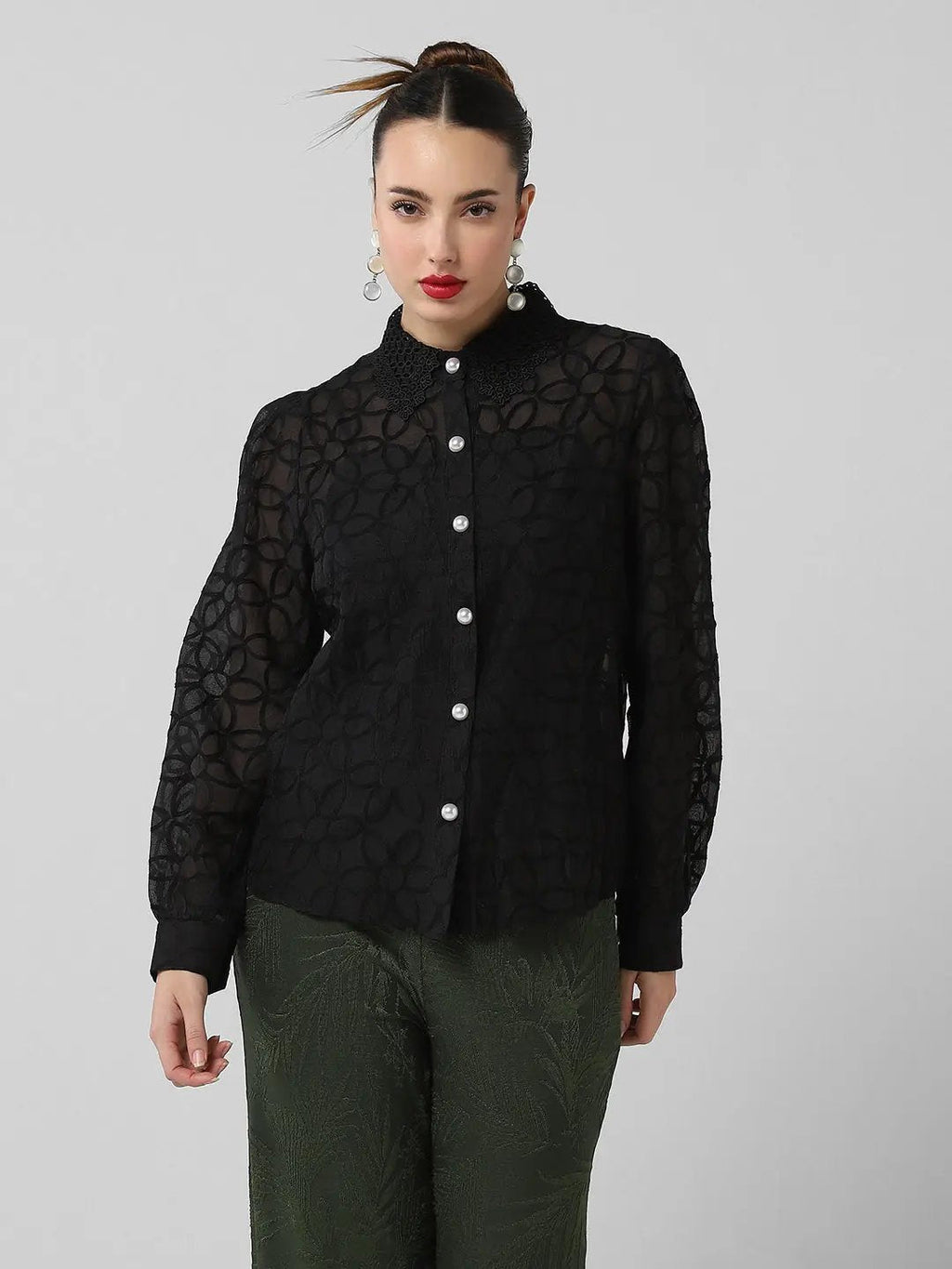 Women's Black Comfort Floral Semi Sheer Casual Shirt