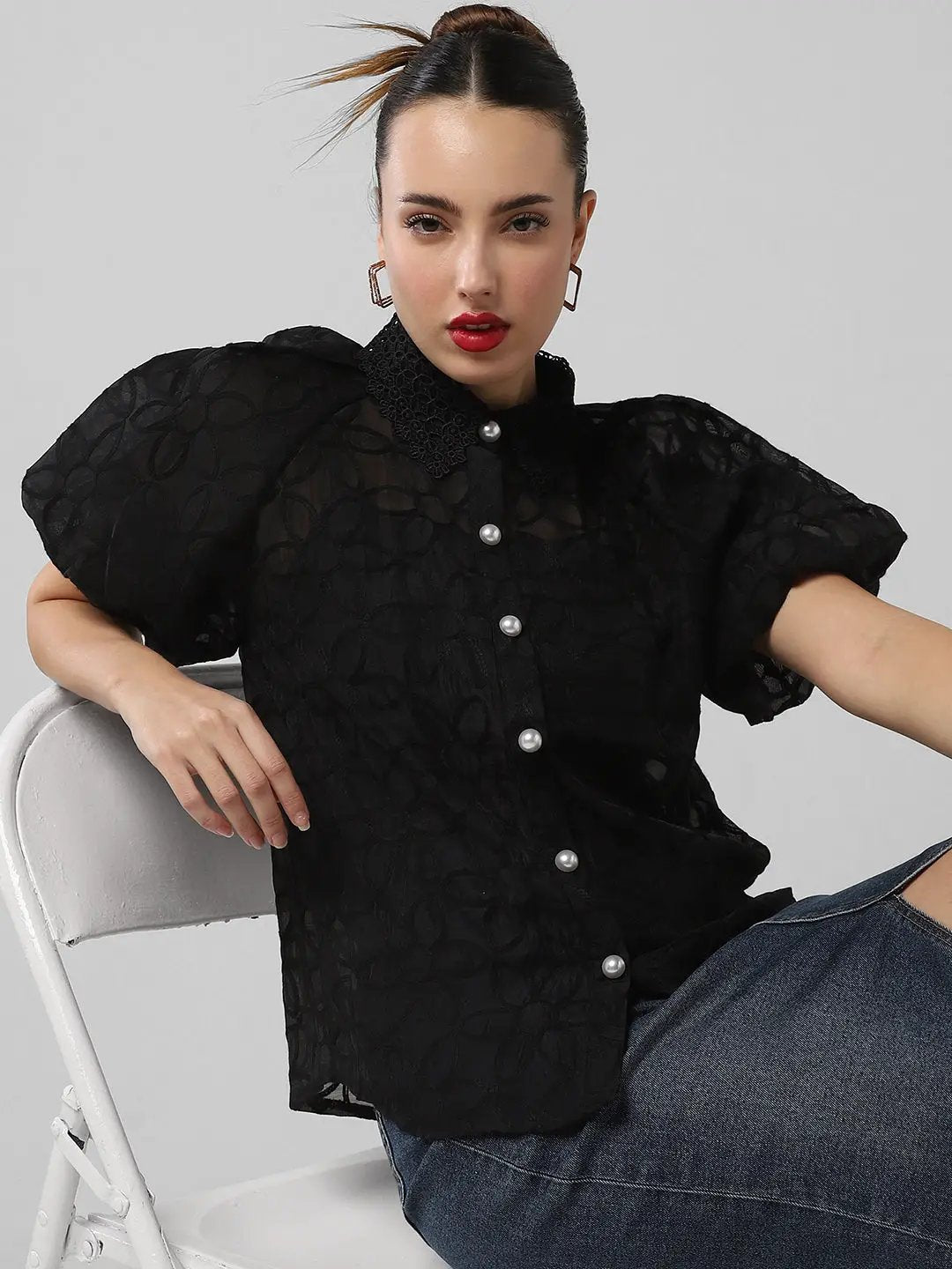 Women's Black Comfort Semi Sheer Casual Shirt
