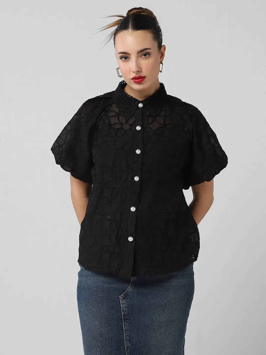 Women's Black Comfort Semi Sheer Casual Shirt
