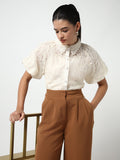 Women's Cream Floral Embroidered Semi Sheer Shirt With Inner Slip
