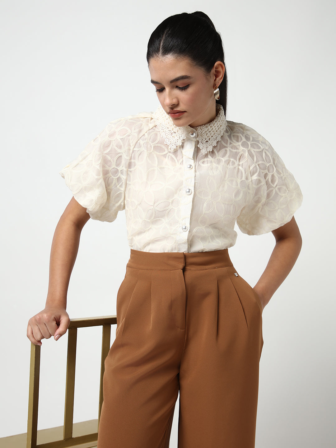 Women's Cream Floral Embroidered Semi Sheer Shirt With Inner Slip