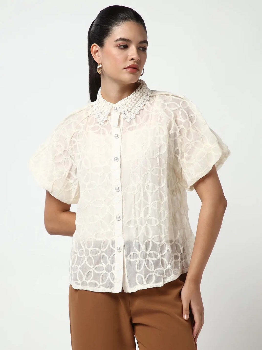 Women's Cream Floral Embroidered Semi Sheer Shirt With Inner Slip