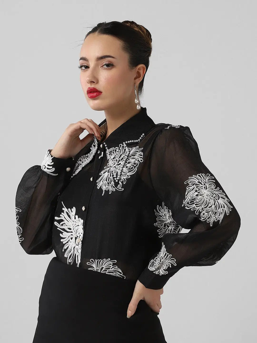Women's Black Comfort Floral Semi Sheer Casual Shirt