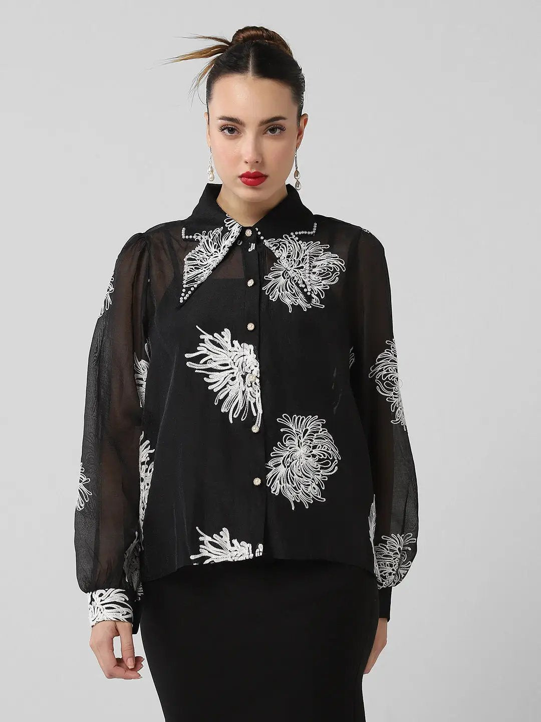 Women's Black Comfort Floral Semi Sheer Casual Shirt