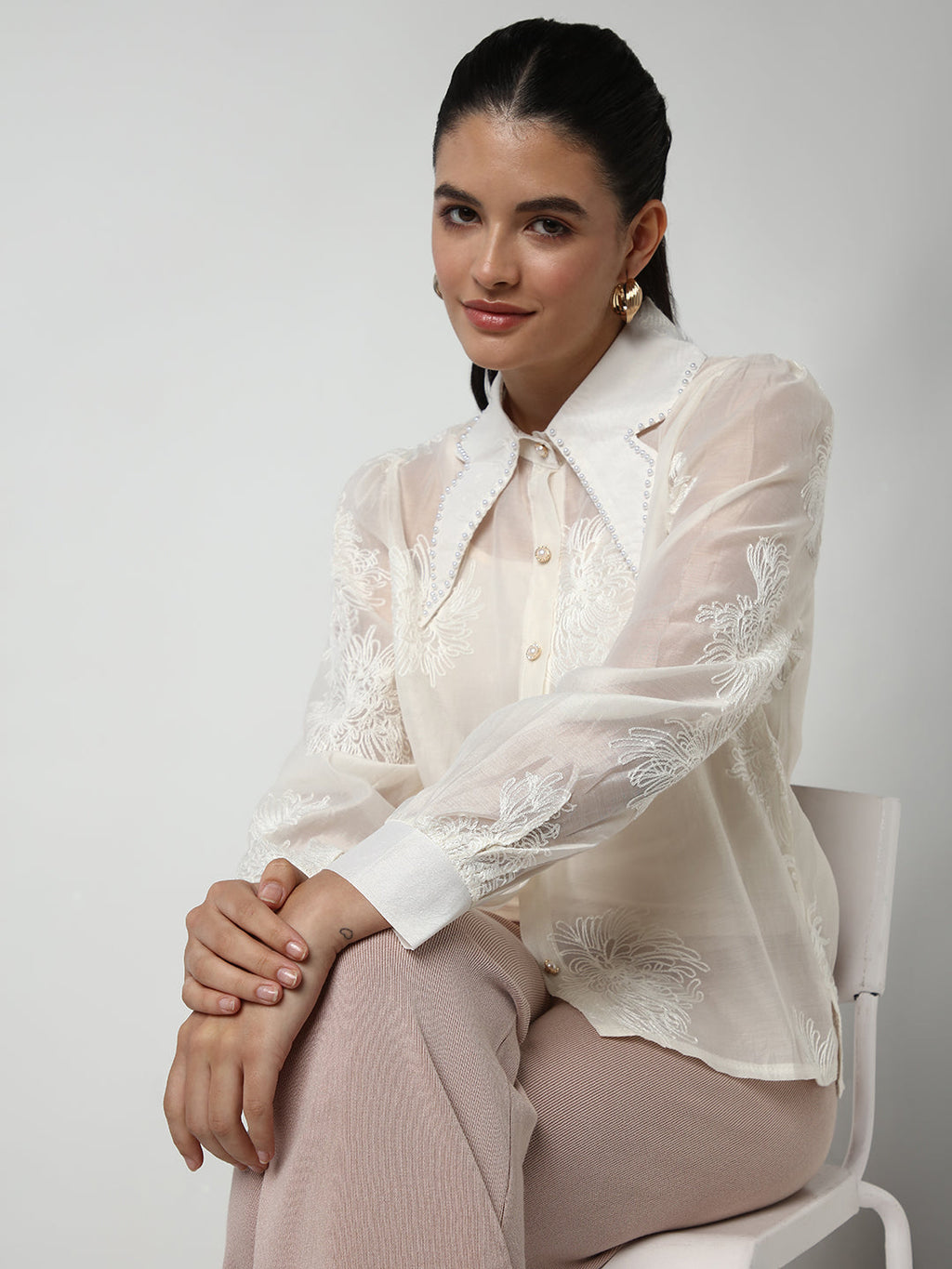 Women's Cream Floral Embroidered Cotton Shirt Style Top with Inner Slip