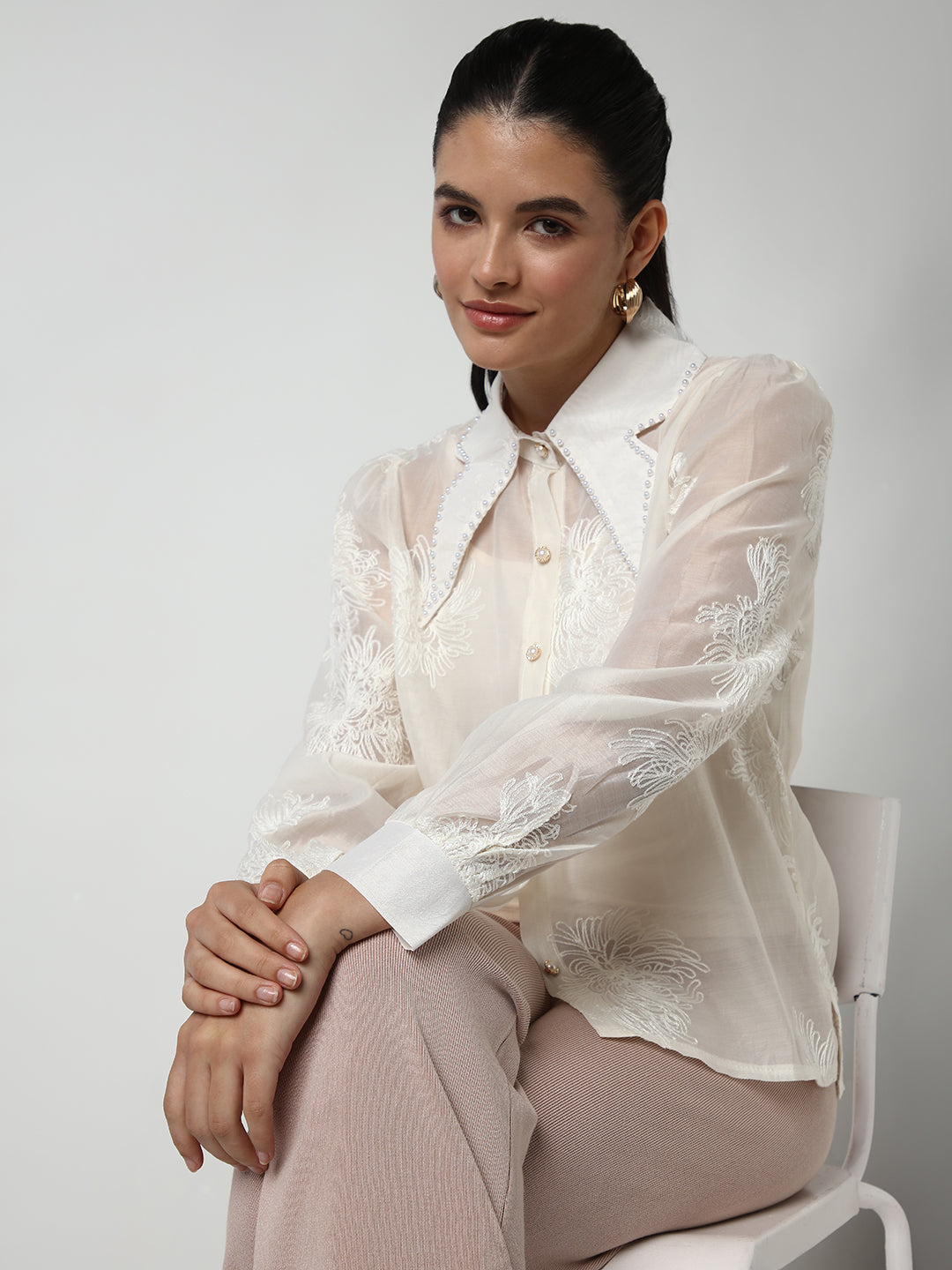 Women's Cream Floral Embroidered Cotton Shirt Style Top with Inner Slip