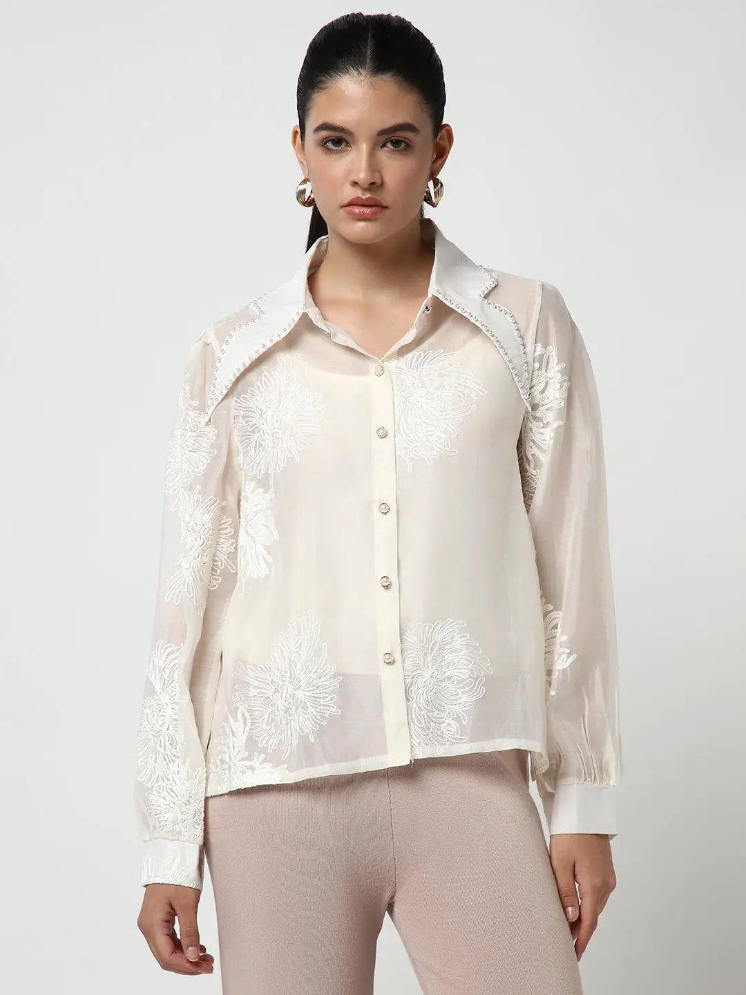 Women's Cream Floral Embroidered Cotton Shirt Style Top with Inner Slip