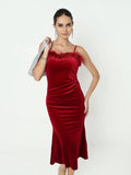 Women's Red Velvet Bodycon Midi Dress with Fur Neckline