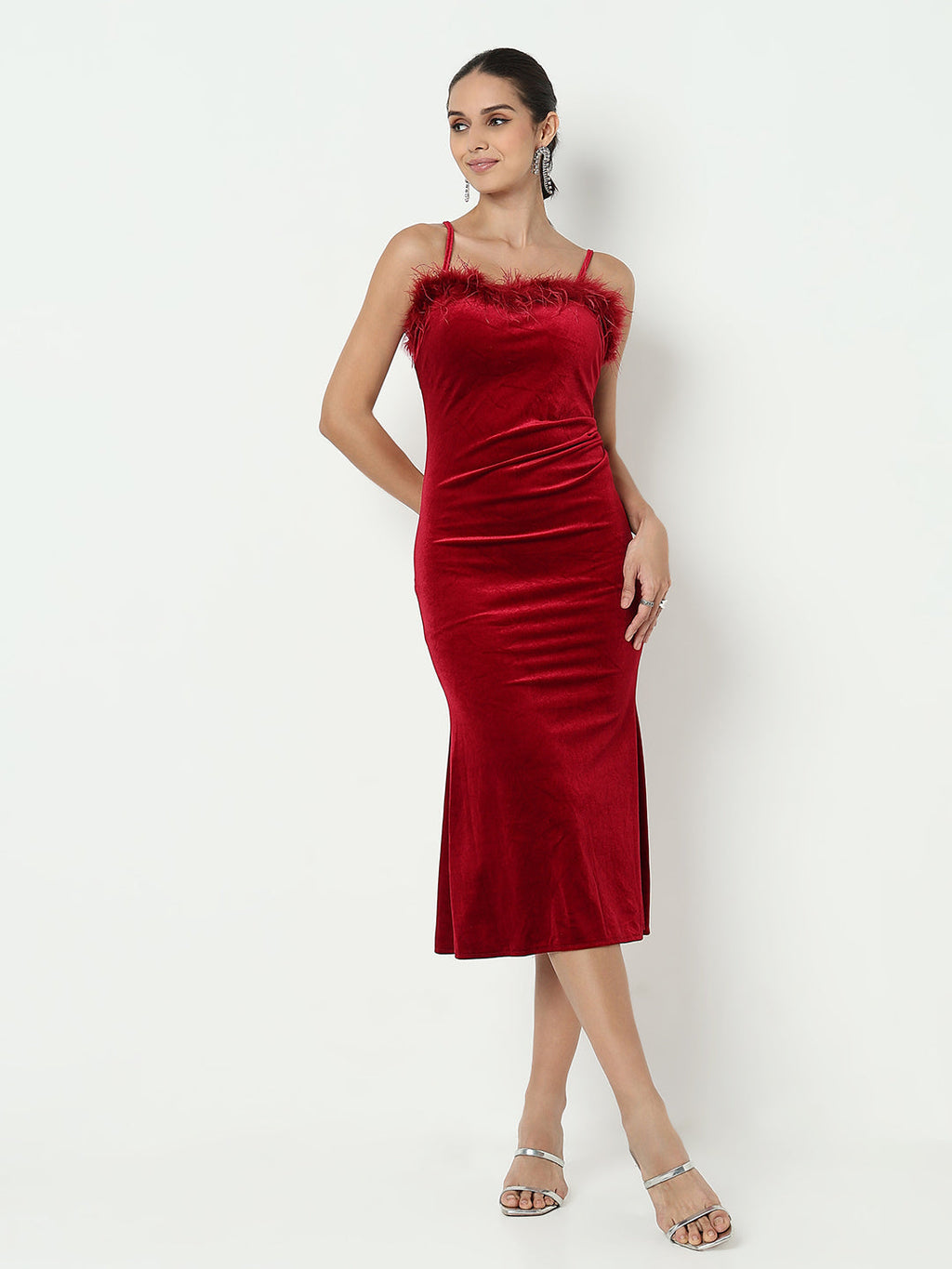 Women's Red Velvet Bodycon Midi Dress with Fur Neckline