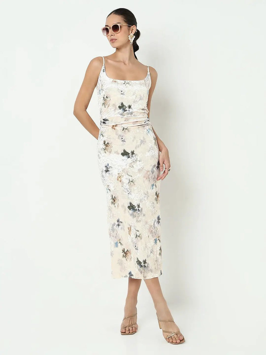Women's Floral Cream Velvet Bodycon Dress with Back Slit