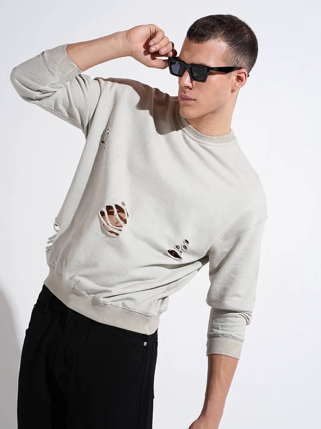 Men's Distressed Grey Round Neck Ribbed Regular Fit Sweatshirt
