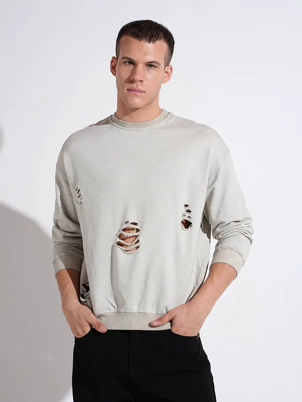 Men's Distressed Grey Round Neck Ribbed Regular Fit Sweatshirt