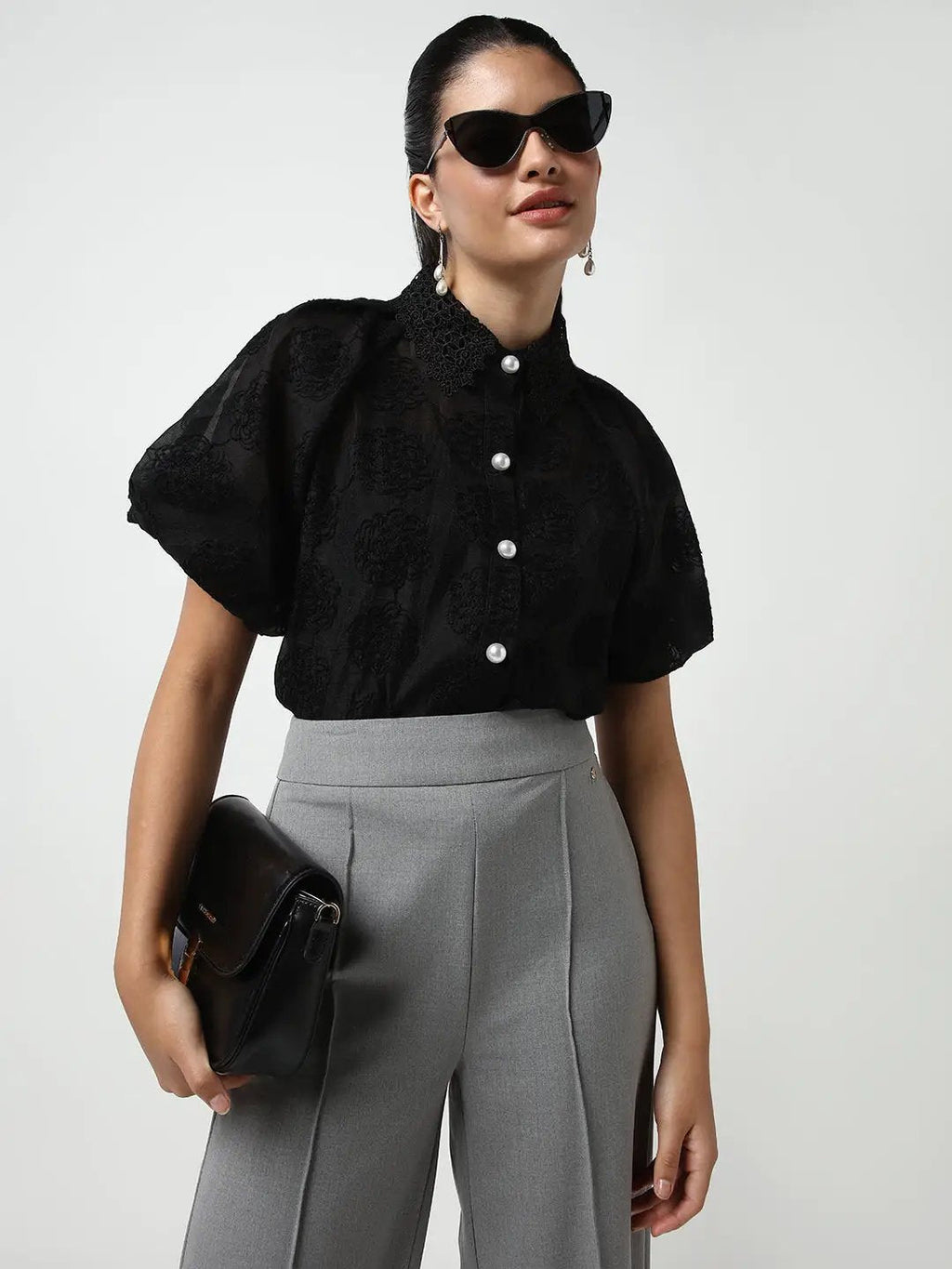 Women's Black Comfort Floral Semi Sheer Casual Shirt