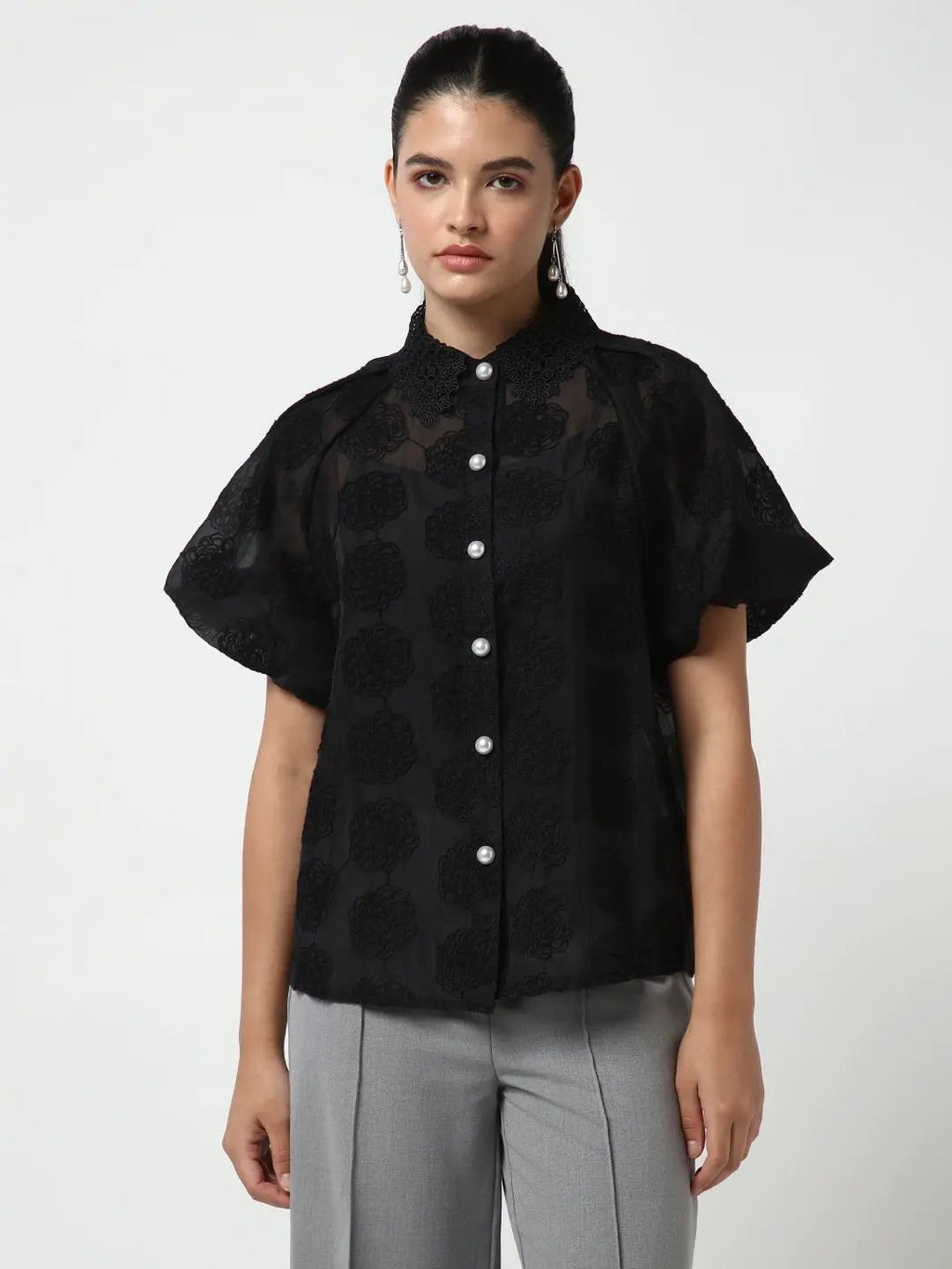 Women's Black Comfort Floral Semi Sheer Casual Shirt