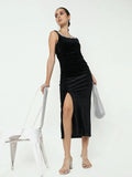 Women's Black Velvet Bodycon Maxi Dress with Embellished Neckline