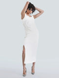 Women's White Velvet Bodycon Maxi Dress with Embellished Neckline