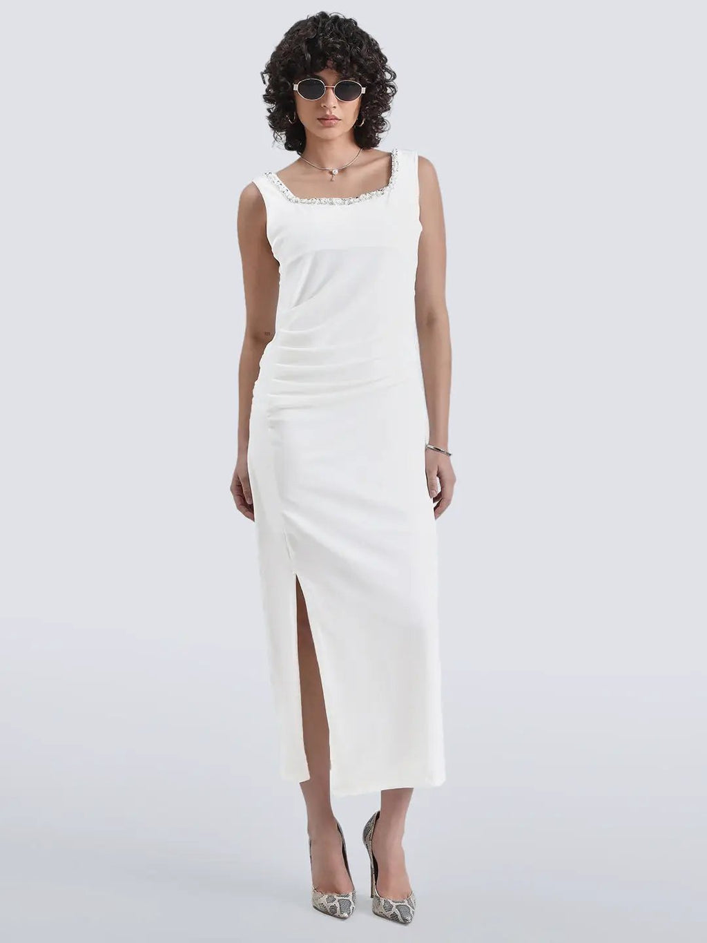 Women's White Velvet Bodycon Maxi Dress with Embellished Neckline