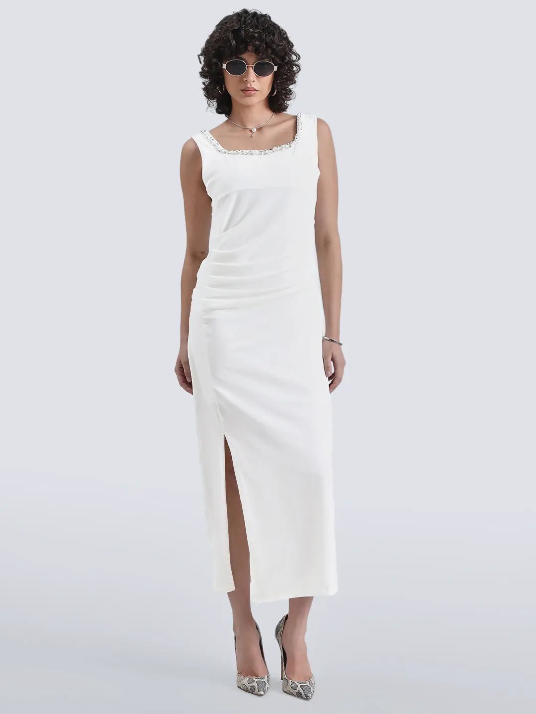 Women's White Velvet Bodycon Maxi Dress with Embellished Neckline