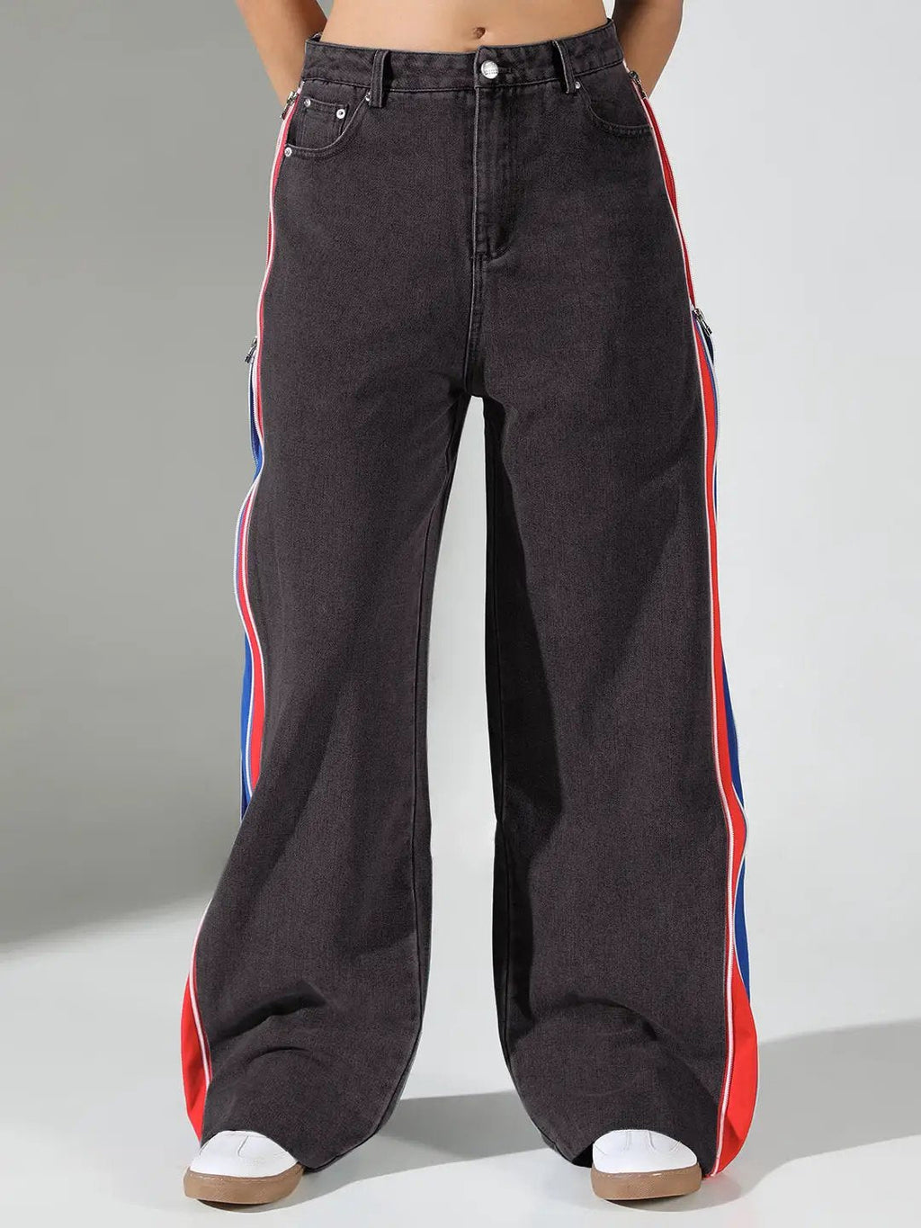 Women's Black Solid Baggy Jeans with side Zipper