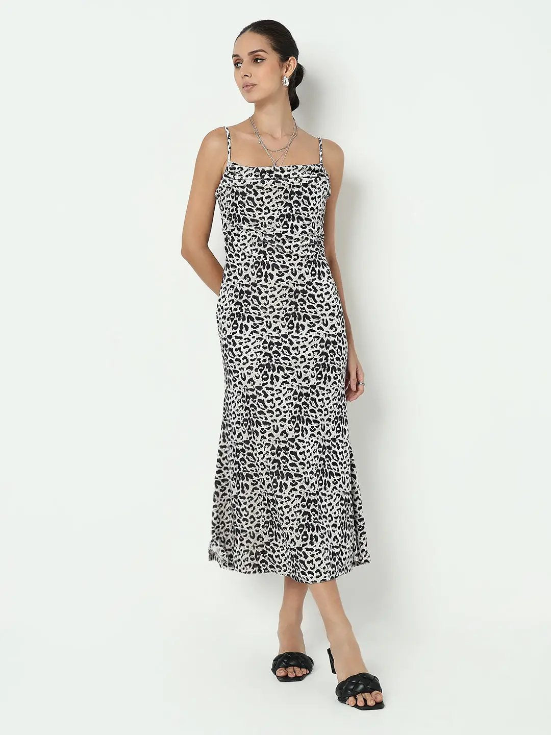 Women's Animal Print Cream Velvet Bodycon Maxi Dress with Back Slit