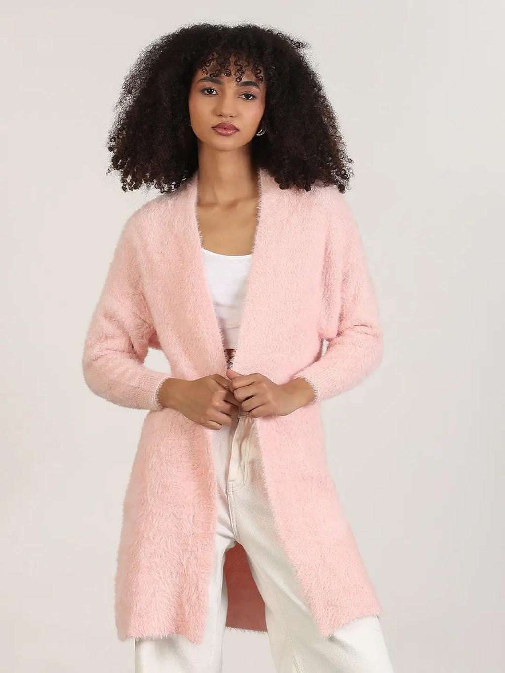 Women's Pink Solid Longline Shrug