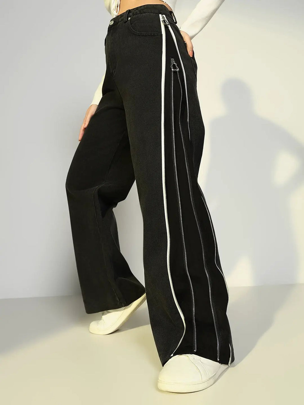 Women's Black Wide Leg Jeans with Zip Detail