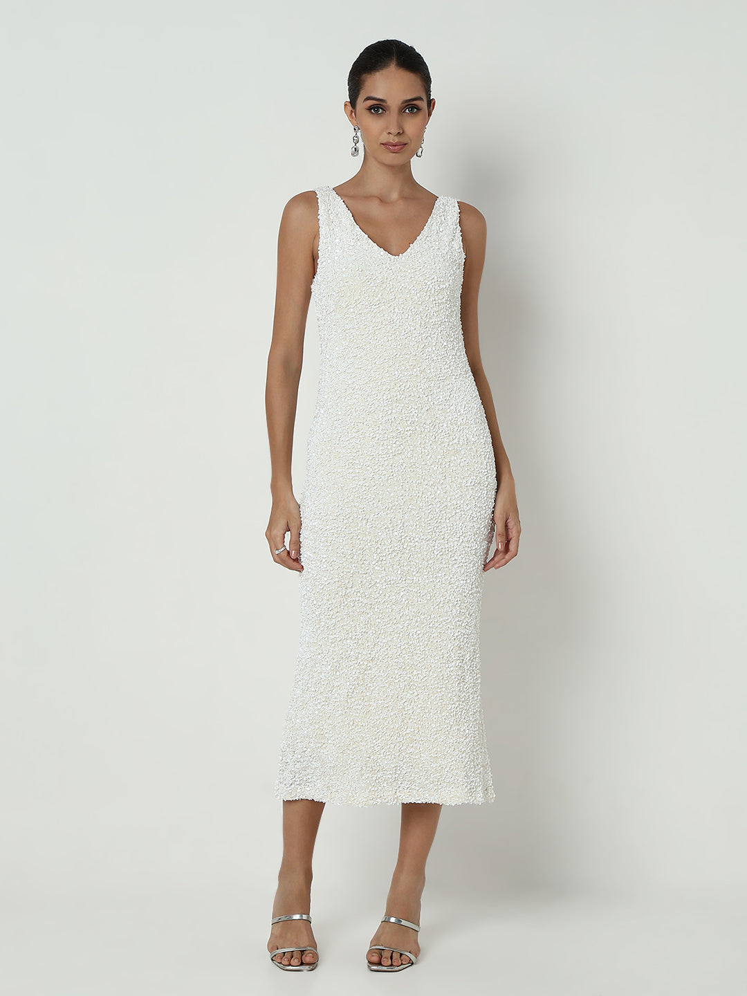 Women's Sequin White V-Neck Bodycon Midi Dress