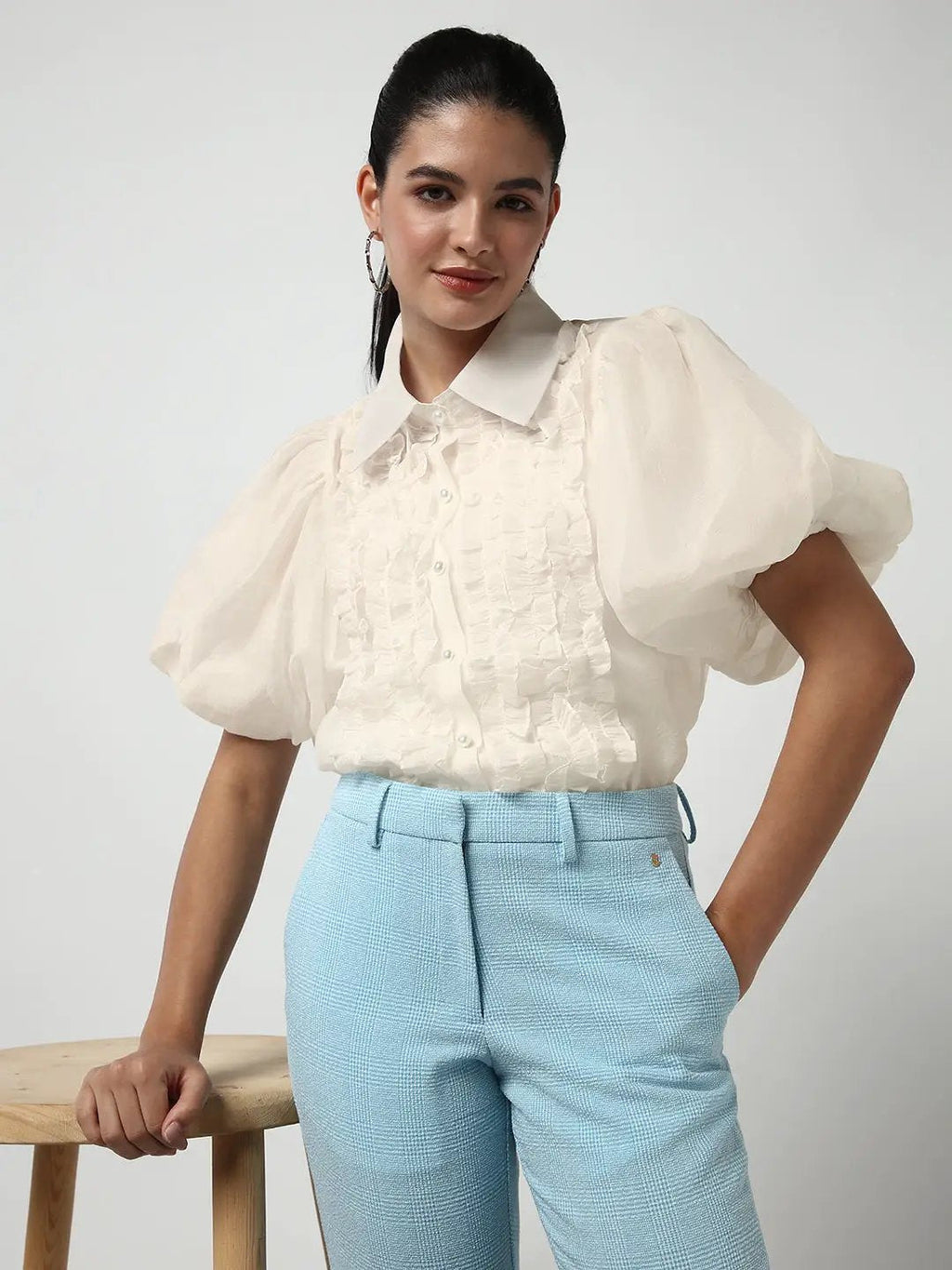 Women's Ruffle Cream Puff Sleeve Shirt with Inner Spaghetti