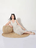 Women's Crochet Cream Cut Out V-Neck Midi Dress