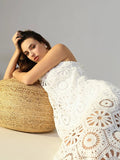 Women's Crochet White Cut Out V-Neck Midi Dress