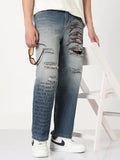 Men's Blue Graphic Print Distressed Straight Fit Jeans