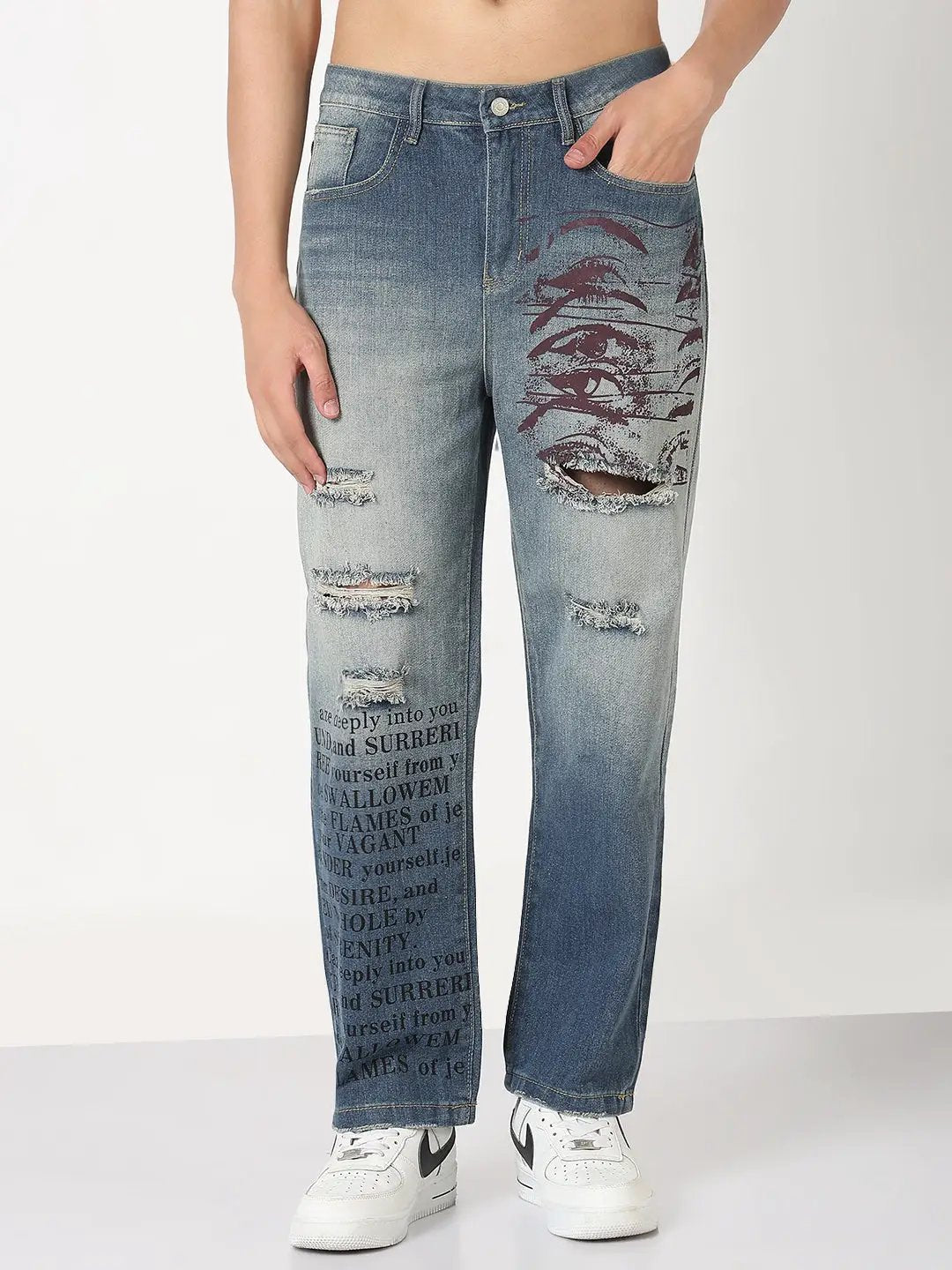 Men's Blue Graphic Print Distressed Straight Fit Jeans