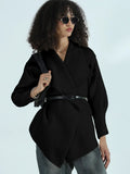 Women's Black Textured Knit Wrap Cardigan Top with Belt