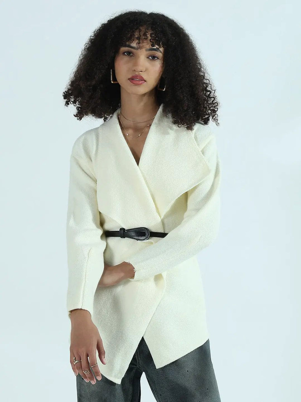 Women's Cream Textured Knit Wrap Cardigan Top with Belt