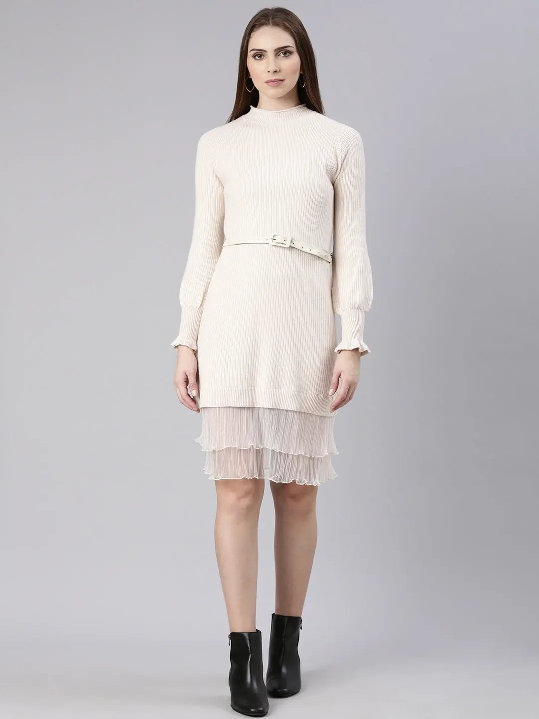 Women's Cream Solid Bodycon Dress