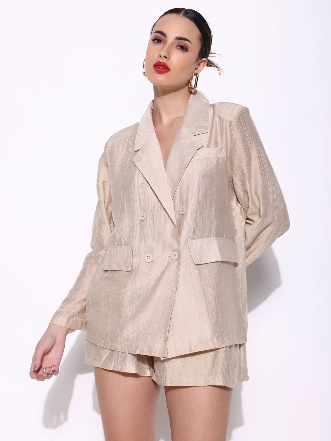 Women's Textured Beige Double Breasted Blazer Co-Ords Set