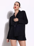 Women's Textured Black Double Breasted Blazer Co-Ords Set