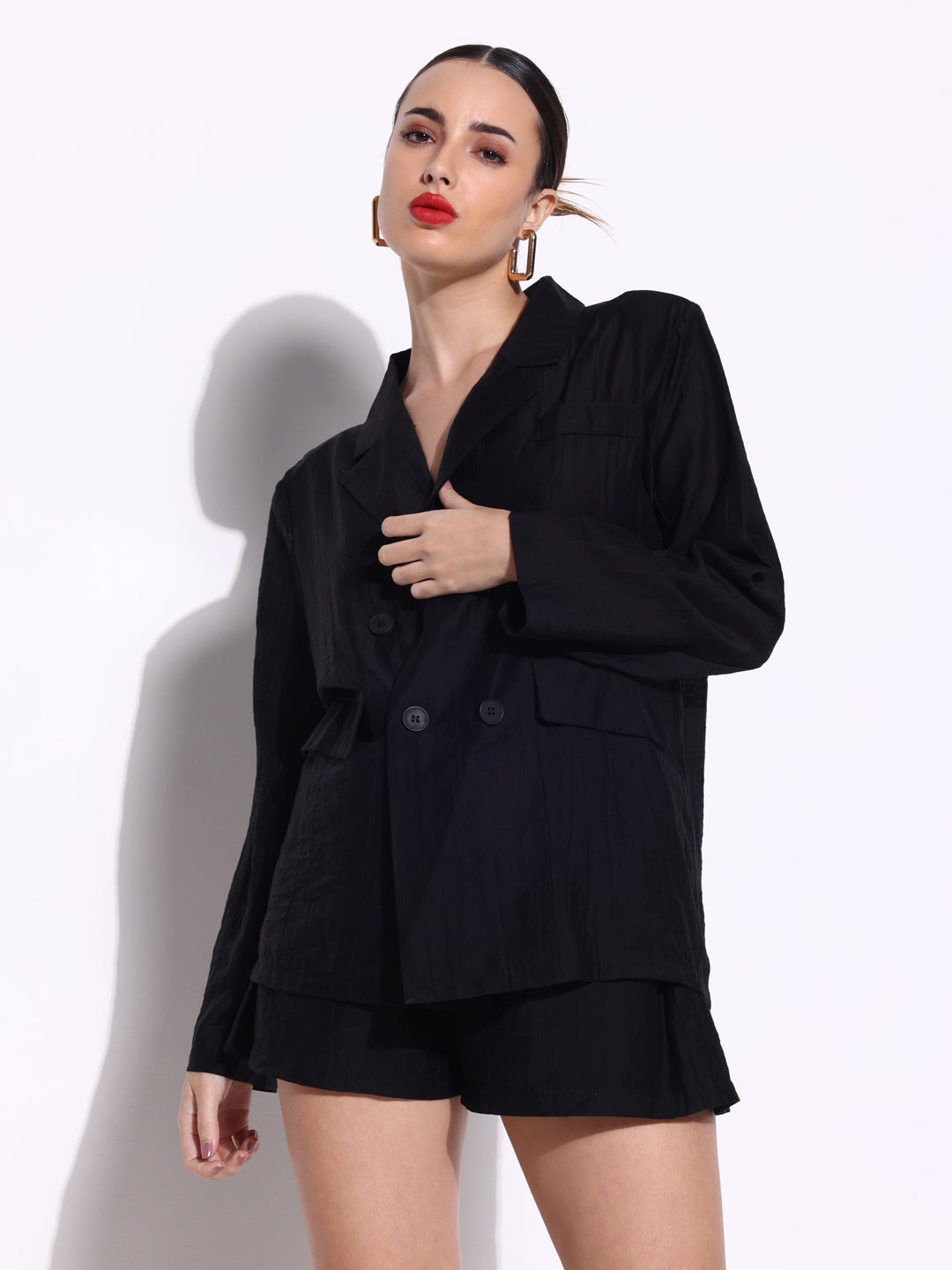 Women's Textured Black Double Breasted Blazer Co-Ords Set