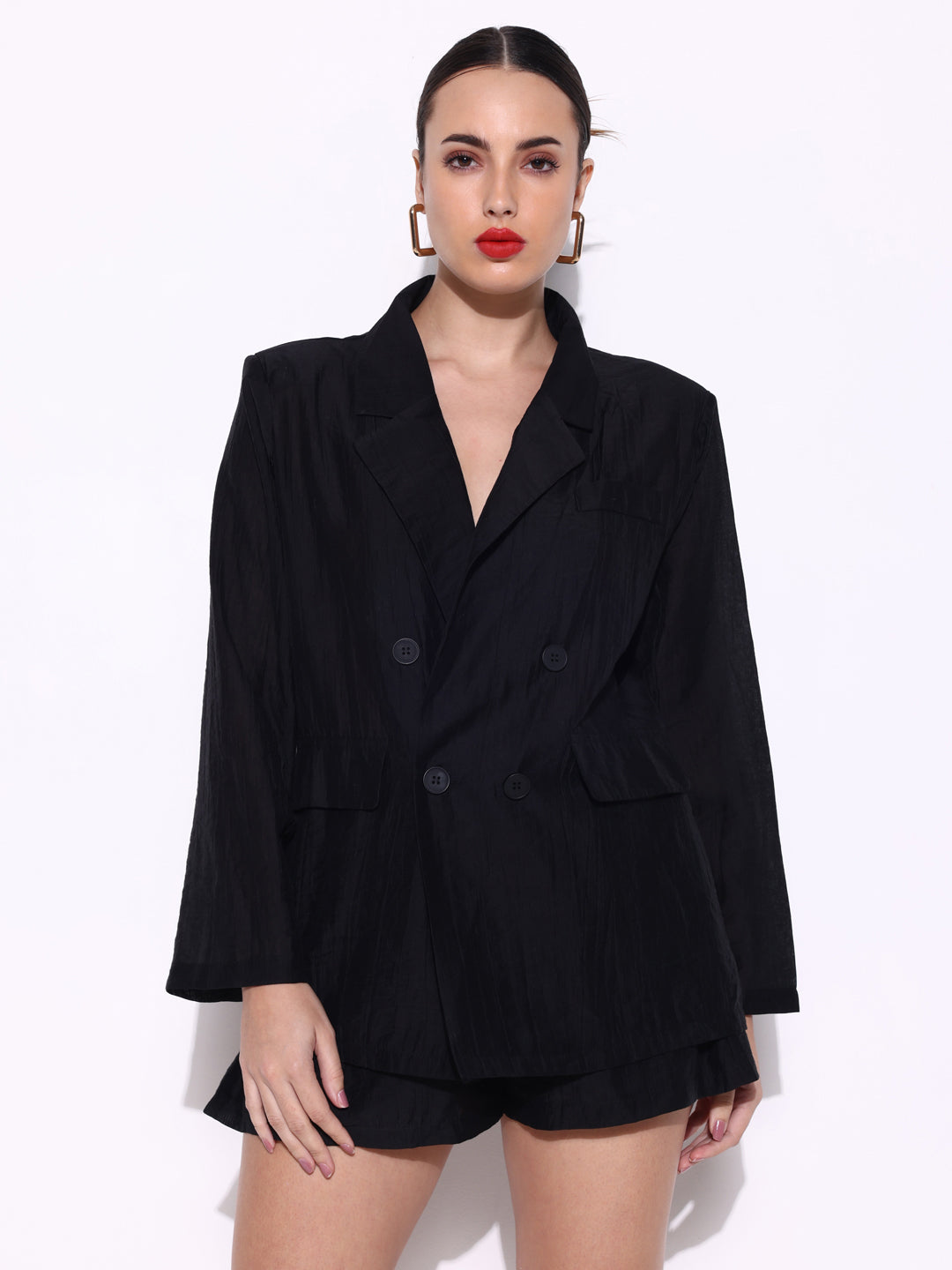 Women's Textured Black Double Breasted Blazer Co-Ords Set