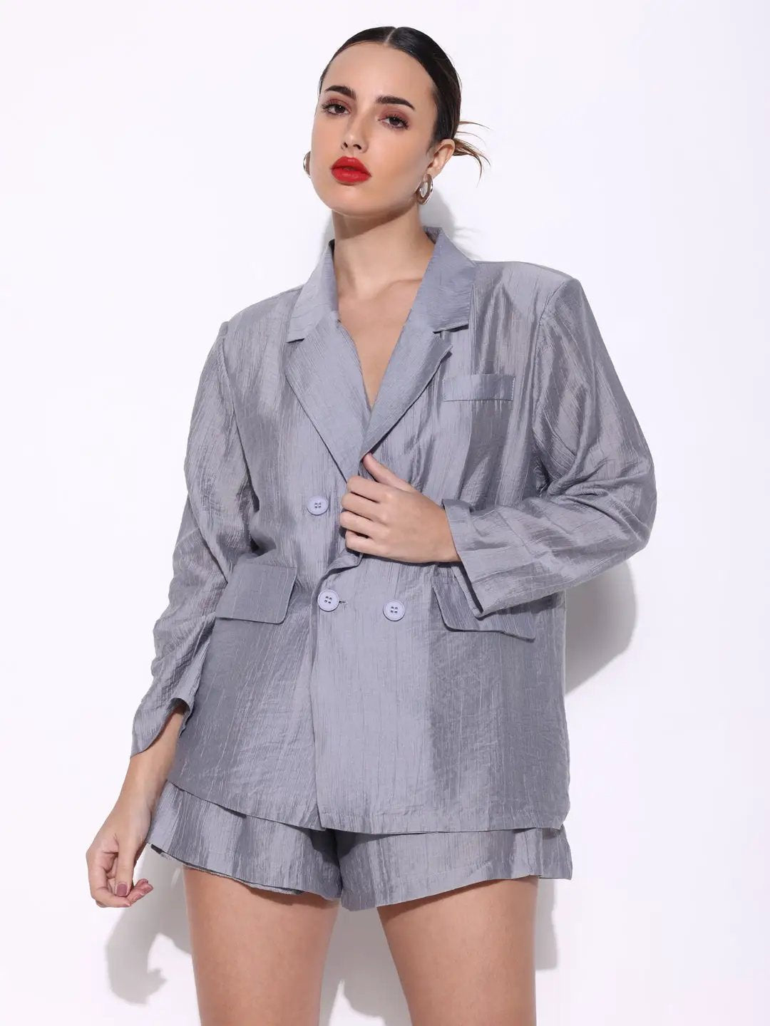 Women's Textured Grey Double Breasted Blazer Co-Ords Set